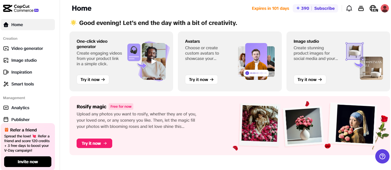 Pippit dashboard with AI tools for eCommerce business, featuring video generator, avatars, and image studio.